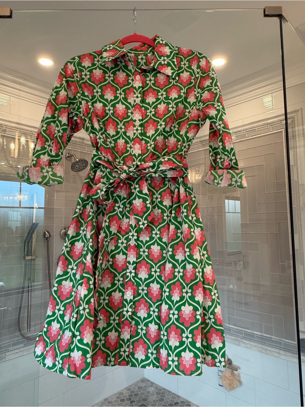 Vibrant Green & Pink Floral Shirt Dress